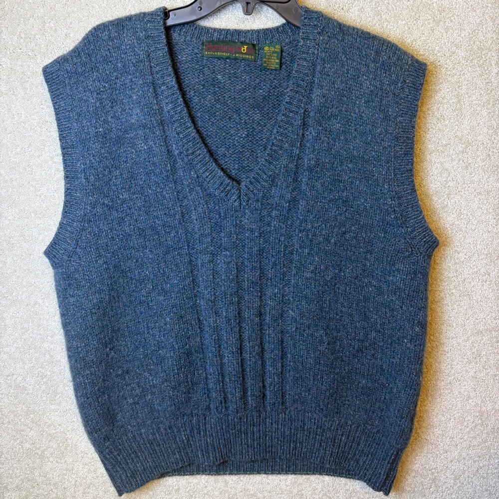 Vintage Hunting Horn Sweater Vest Mens XL Blue Shetland Wool V-Neck Cable Knit